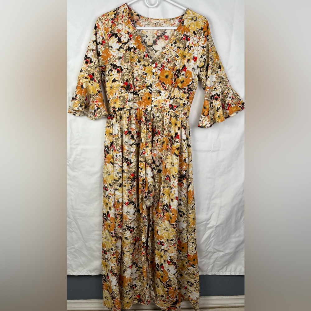 Easel Long Dress/Romper Gold & Red Floral with Elbow bell Sleeves women’s Sm